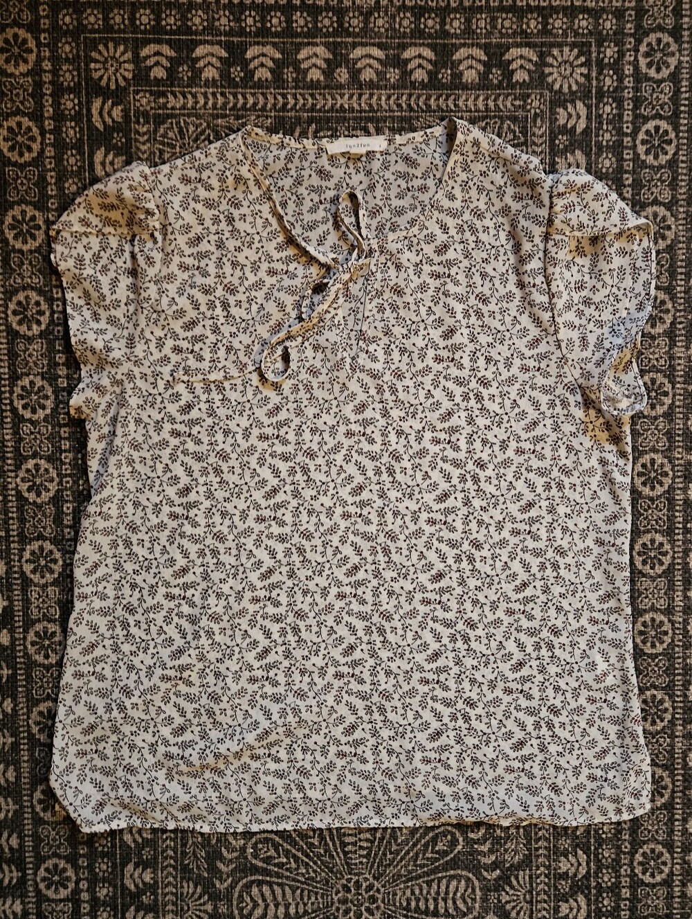 Light Cream Floral Tie-Neck Blouse